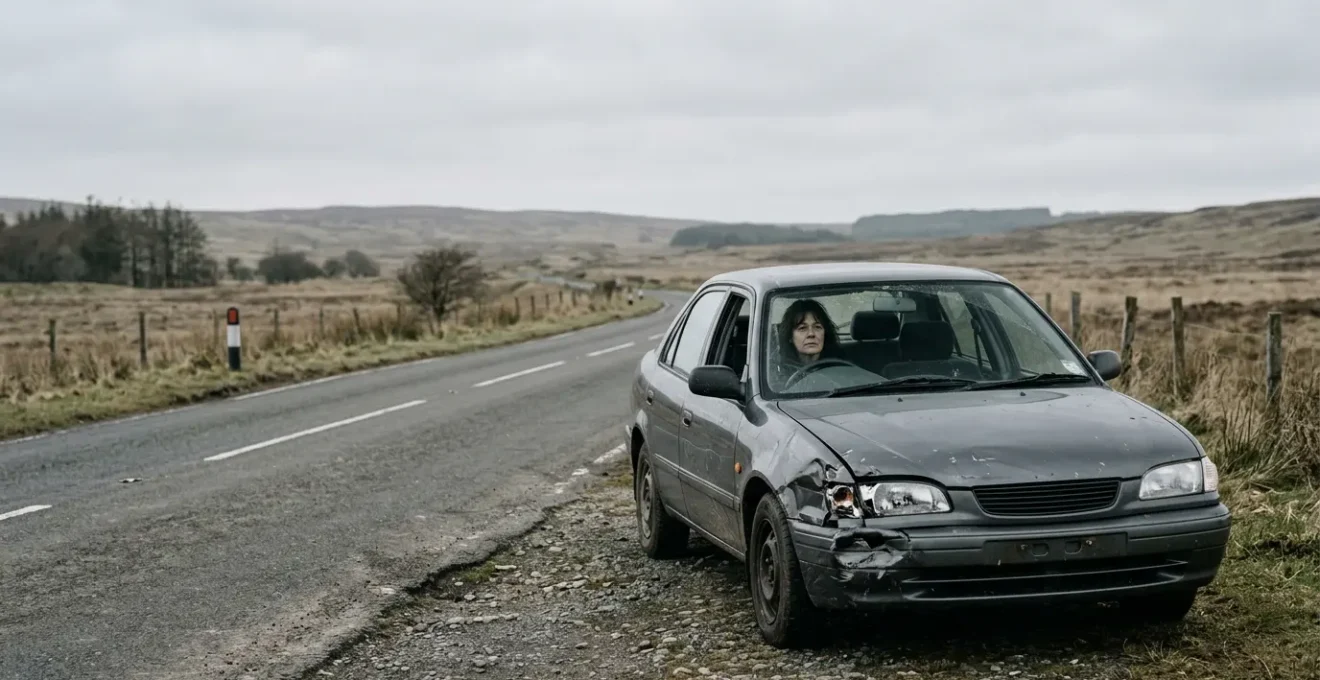 Conducteur assis dans véhicule accidenté après collision solo route déserte