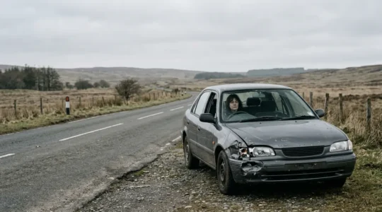 Conducteur assis dans véhicule accidenté après collision solo route déserte