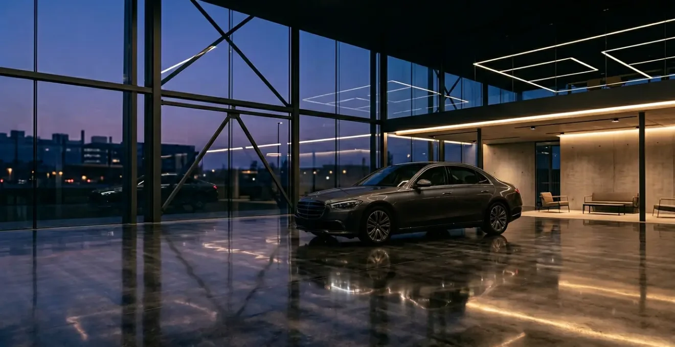 Vue éditoriale d'un détail de carrosserie automobile avec jeu de lumière sur les finitions