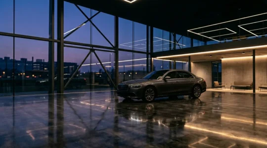 Vue éditoriale d'un détail de carrosserie automobile avec jeu de lumière sur les finitions