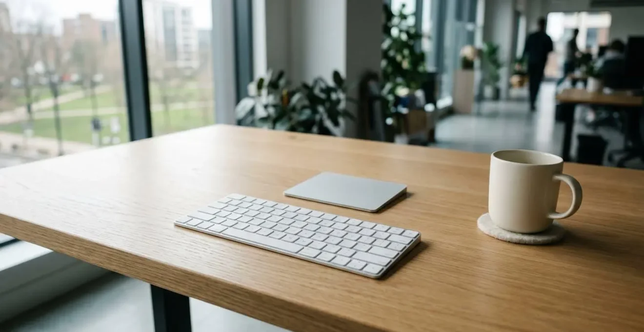Vue en plongée d'un bureau minimaliste avec clavier et surface épurée, évoquant la déclaration en ligne d'une suspension de permis