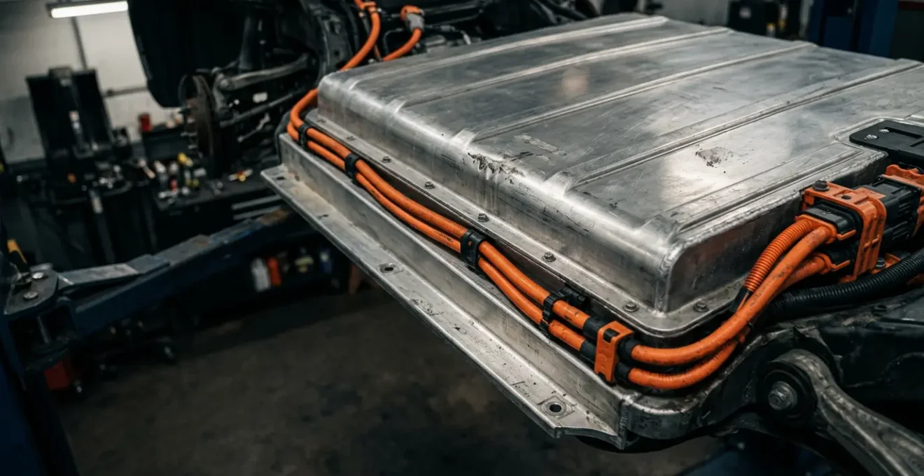 Pack batterie haute tension de véhicule électrique endommagé après choc au soubassement