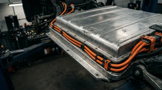 Pack batterie haute tension de véhicule électrique endommagé après choc au soubassement