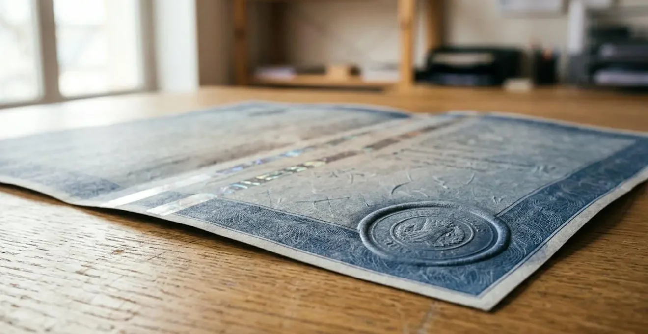 Certificat d'immatriculation français posé sur un bureau avec tampon officiel, symbolisant le lien indispensable entre carte grise et assurance automobile