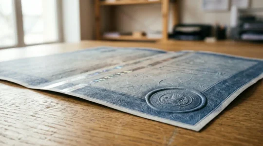 Certificat d'immatriculation français posé sur un bureau avec tampon officiel, symbolisant le lien indispensable entre carte grise et assurance automobile