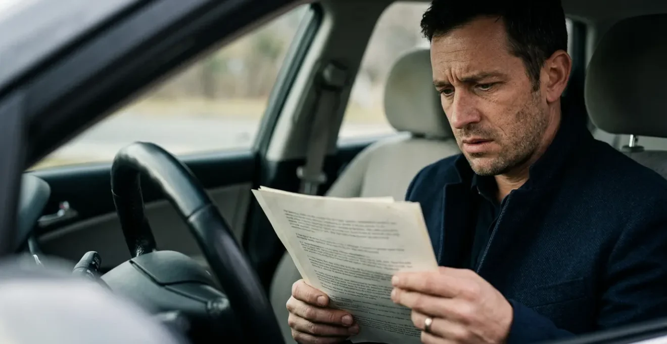 Homme au volant dans l'ombre regardant un document juridique, ambiance sombre et tendue illustrant les consequences graves d'une condamnation pour ivresse sur l'assurance auto