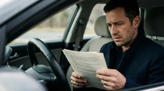 Homme au volant dans l'ombre regardant un document juridique, ambiance sombre et tendue illustrant les consequences graves d'une condamnation pour ivresse sur l'assurance auto