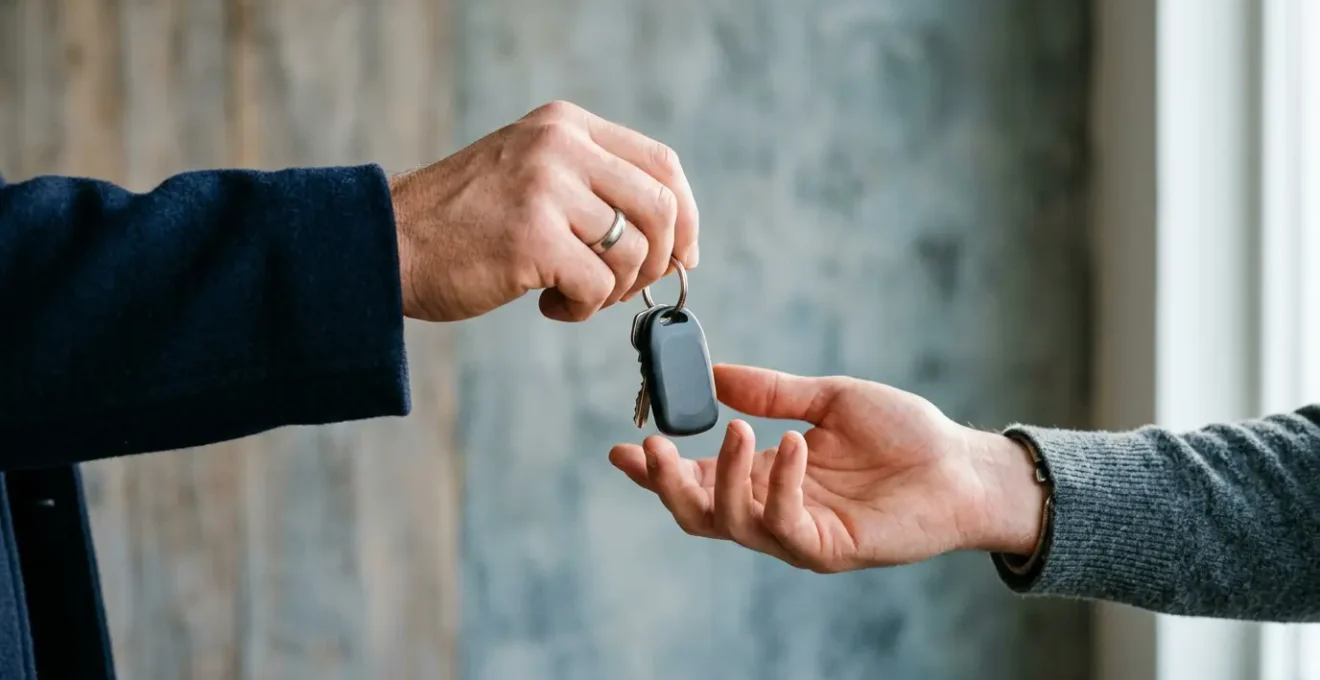 Mains échangeant des clés de voiture symbolisant le partage et la confiance dans le covoiturage