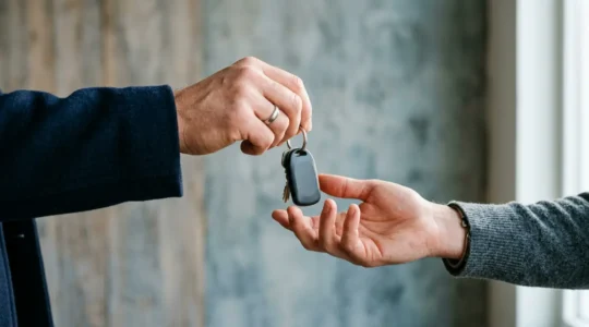 Mains échangeant des clés de voiture symbolisant le partage et la confiance dans le covoiturage