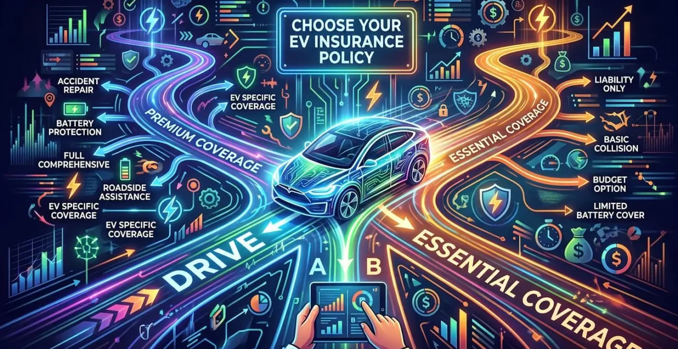 Représentation abstraite du choix entre formules d'assurance pour véhicule électrique
