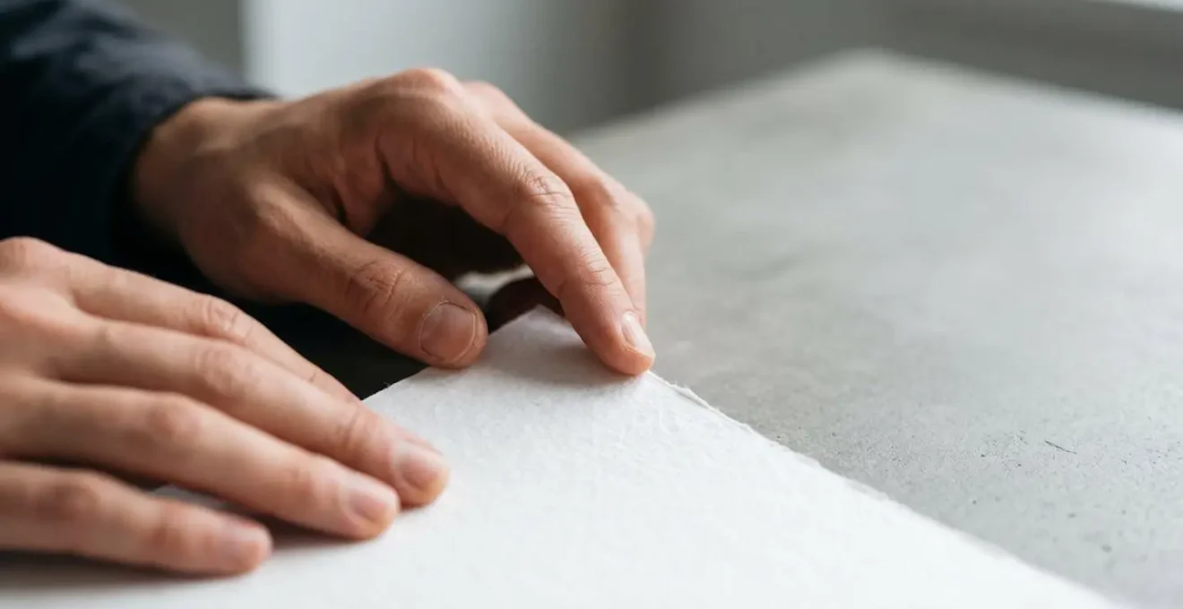 Gros plan sur des mains vérifiant attentivement un document officiel posé sur une surface épurée