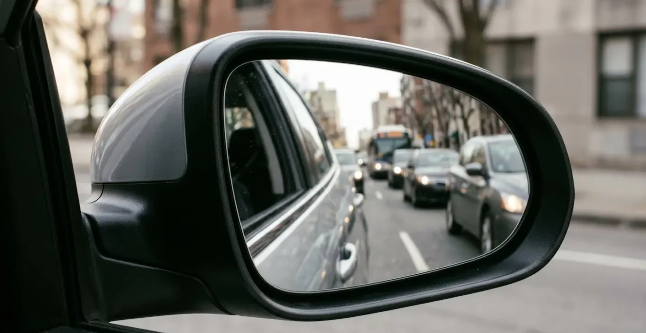 Vue rapprochée d'un rétroviseur latéral de voiture reflétant la circulation urbaine avec angle de vision optimisé