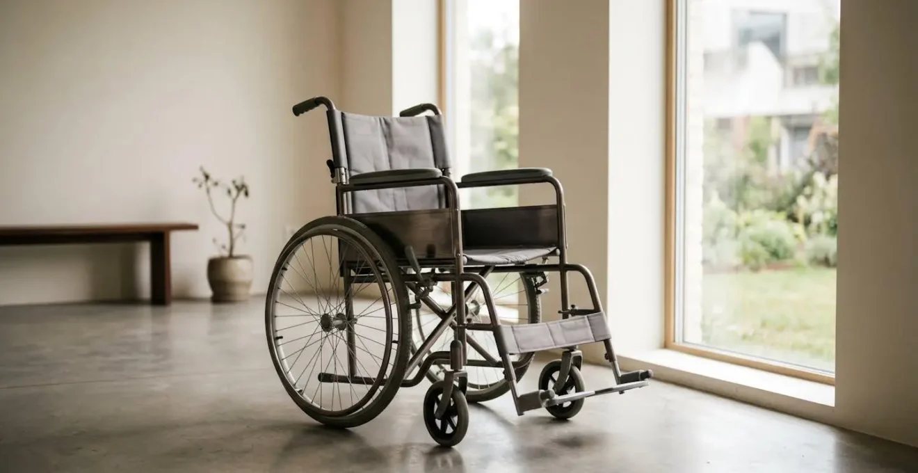Fauteuil roulant médical dans espace intérieur lumineux symbolisant handicap et adaptation