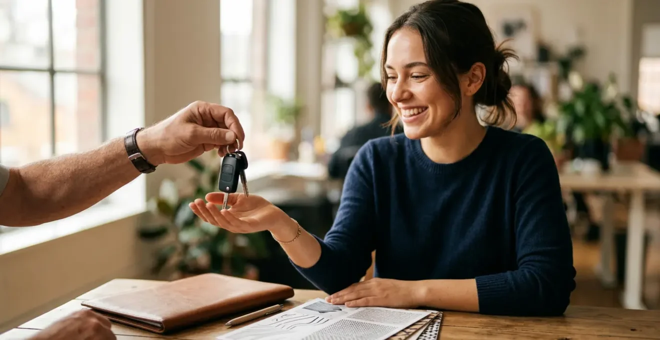 Jeune conducteur découvrant les clés de sa première voiture avec documents d'assurance