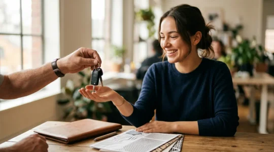 Jeune conducteur découvrant les clés de sa première voiture avec documents d'assurance
