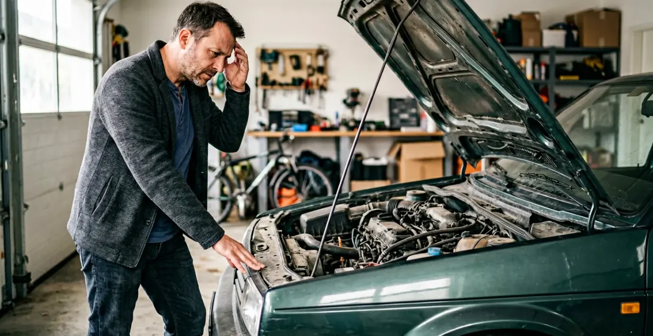 Propriétaire de voiture observant avec inquiétude les dégâts mécaniques sur son véhicule après une location entre particuliers