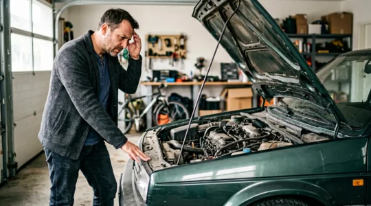 Propriétaire de voiture observant avec inquiétude les dégâts mécaniques sur son véhicule après une location entre particuliers