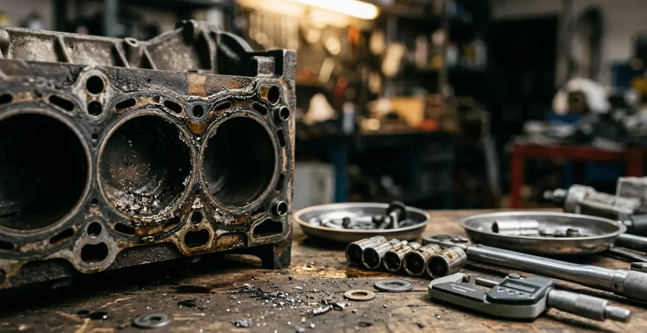 Bloc moteur automobile en gros plan montrant une pièce mécanique défaillante dans un atelier de réparation automobile