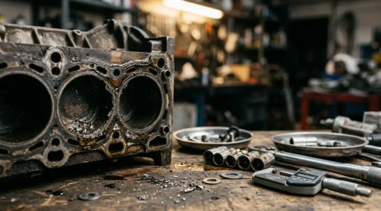 Bloc moteur automobile en gros plan montrant une pièce mécanique défaillante dans un atelier de réparation automobile