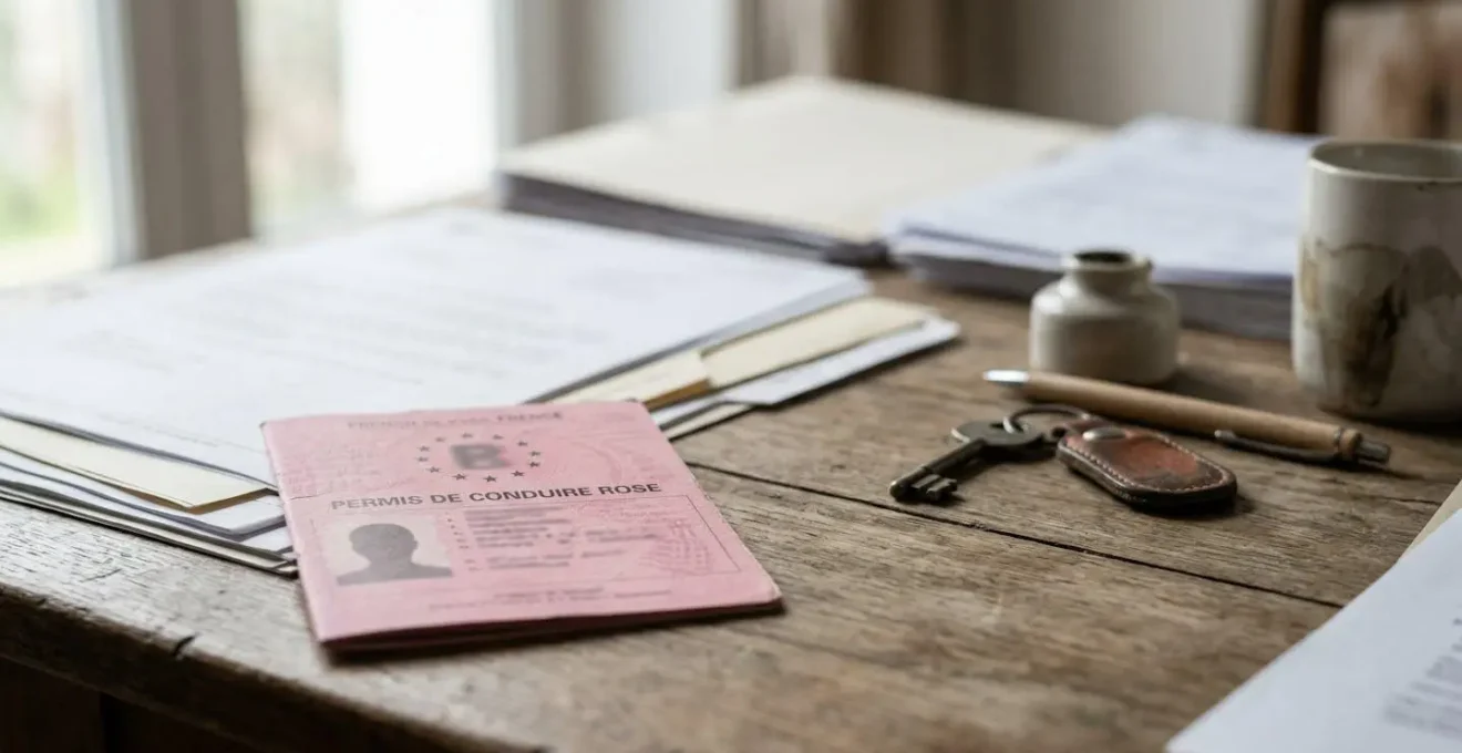 Permis de conduire rose posé sur un bureau avec documents administratifs, symbolisant la reconstruction après une annulation