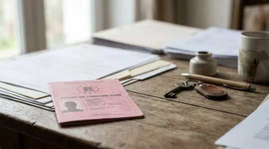 Permis de conduire rose posé sur un bureau avec documents administratifs, symbolisant la reconstruction après une annulation