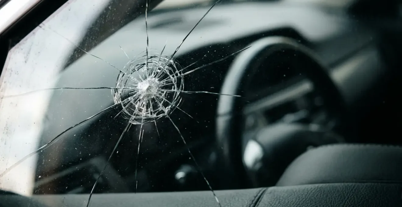 Gros plan dramatique sur un pare-brise de voiture fissuré avec un petit impact étoilé, en lumière naturelle diffuse