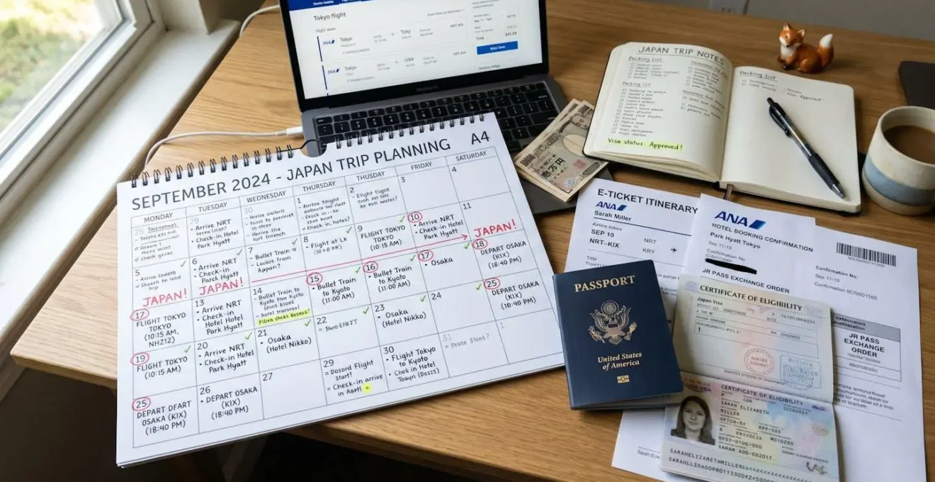 Calendrier et documents de voyage illustrant la planification administrative avant un départ à l'étranger