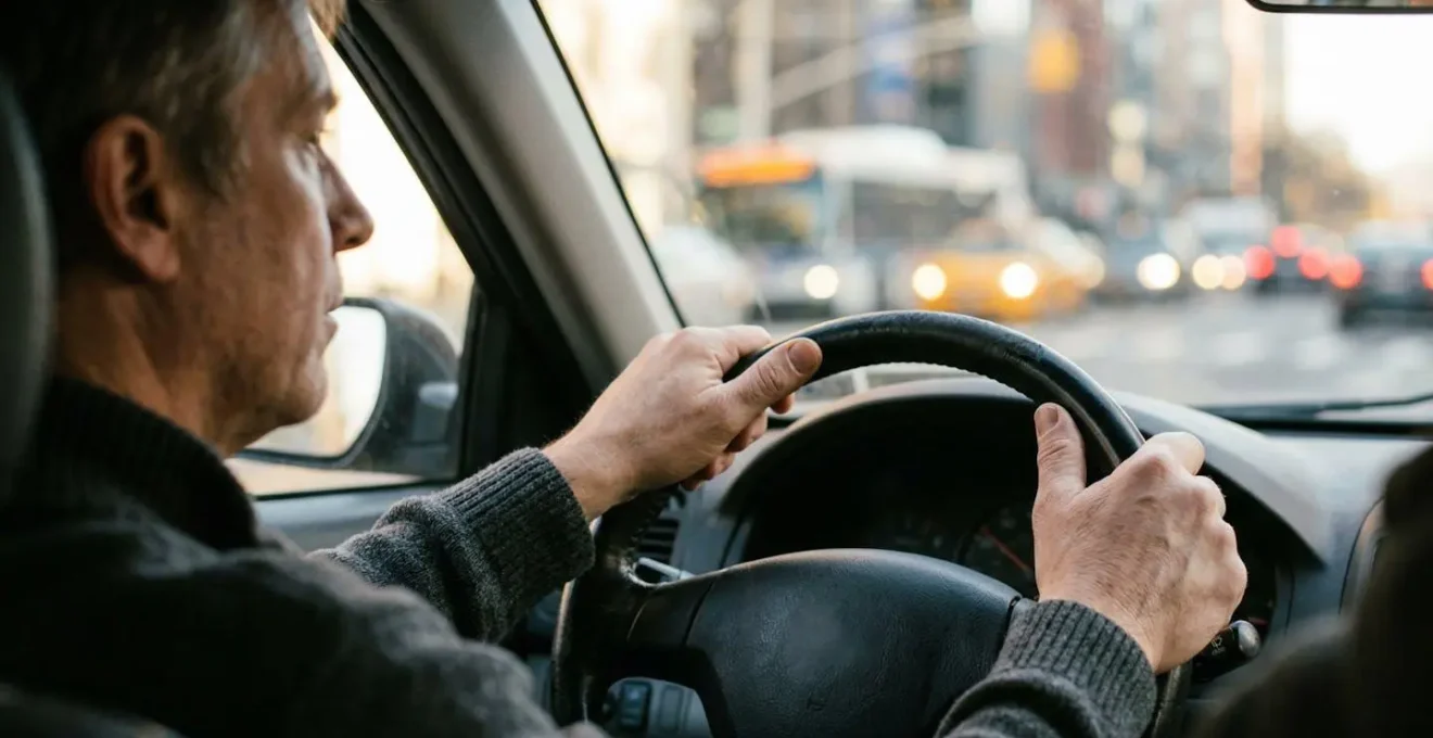 Conducteur attentif au volant en zone urbaine matinale avec une conduite sécurisée