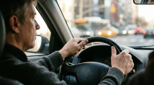 Conducteur attentif au volant en zone urbaine matinale avec une conduite sécurisée