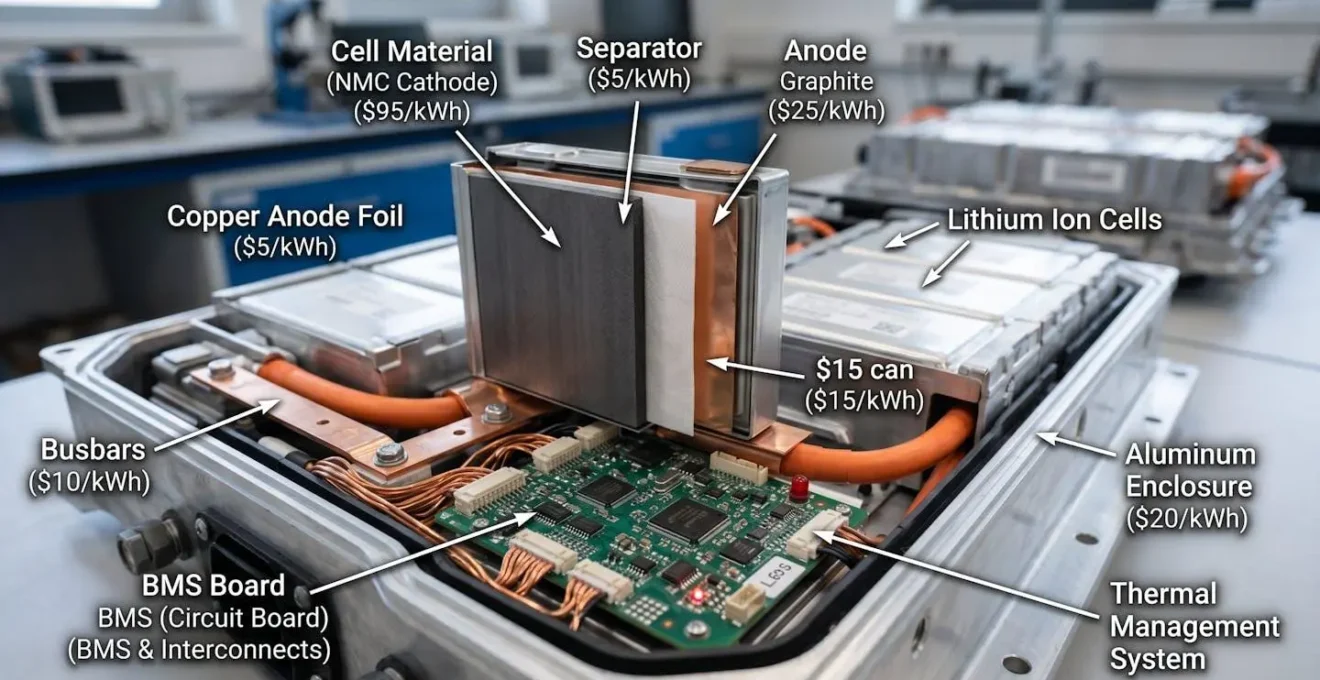 Gros plan sur composants de batterie de véhicule électrique illustrant le coût technique