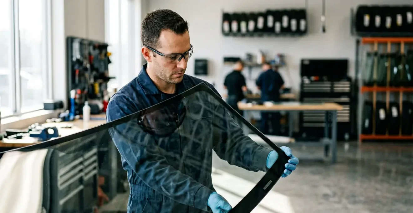 Technicien automobile inspectant un pare-brise avec marquages techniques avant installation