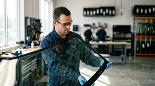 Technicien automobile inspectant un pare-brise avec marquages techniques avant installation