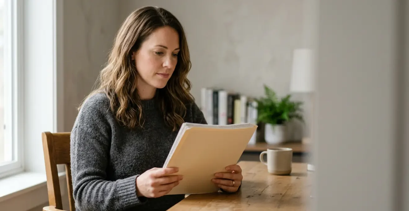 Personne consultant des documents administratifs d'assurance auto avec concentration dans un environnement épuré