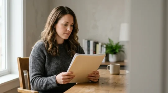 Personne consultant des documents administratifs d'assurance auto avec concentration dans un environnement épuré