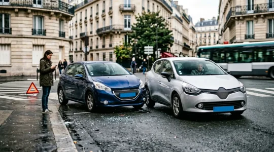 Scène d'accident automobile avec véhicules impliqués sur une route urbaine française