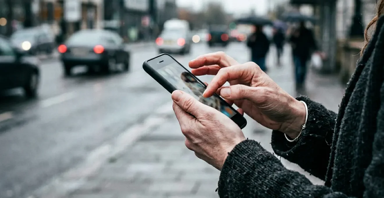 Conducteur stressé tentant de remplir un constat numérique après un accident