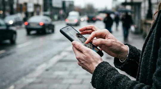 Conducteur stressé tentant de remplir un constat numérique après un accident