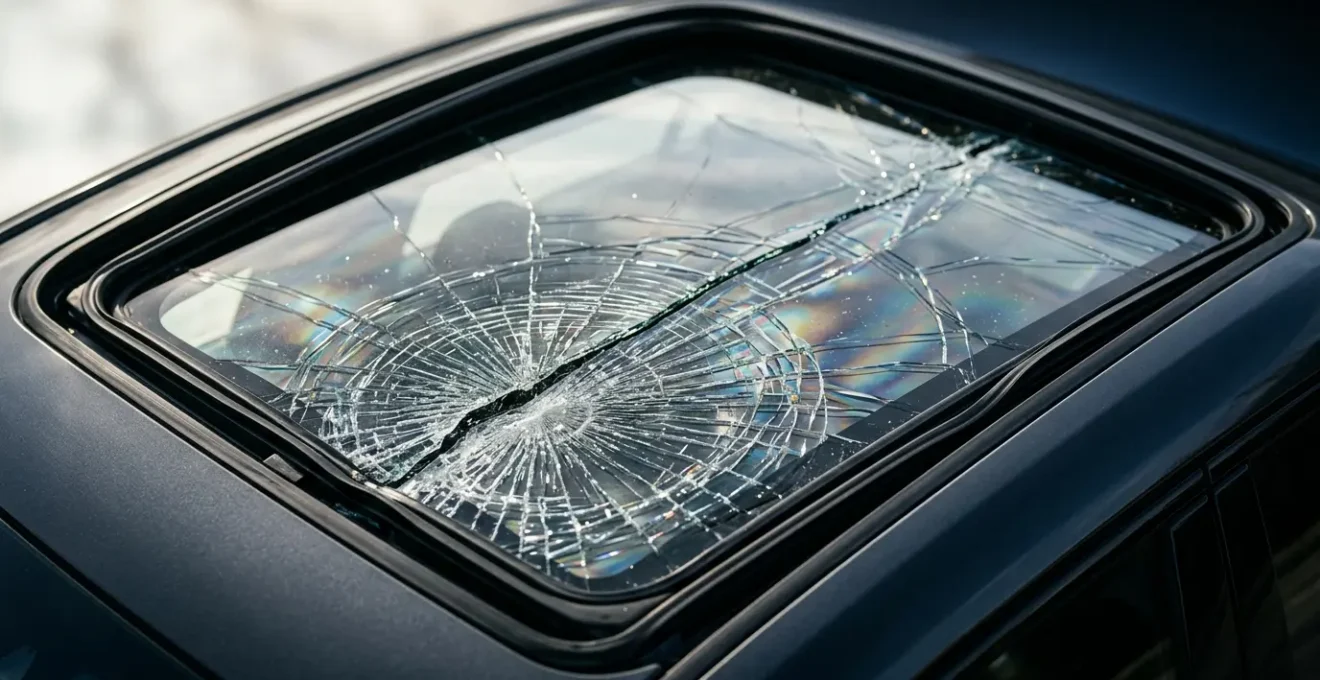 Toit panoramique vitré endommagé sur véhicule moderne avec détails de fissure