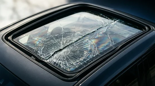 Toit panoramique vitré endommagé sur véhicule moderne avec détails de fissure