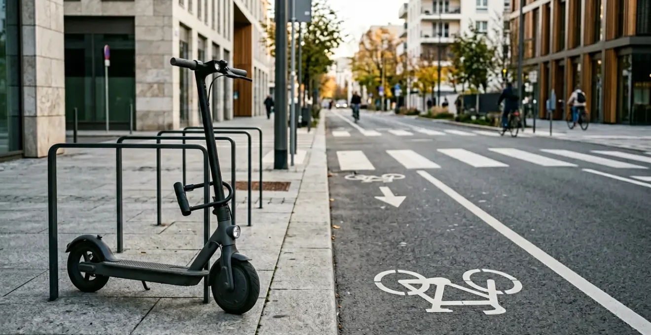 Utilisateur de trottinette électrique dans un environnement urbain sécurisé avec équipements de protection