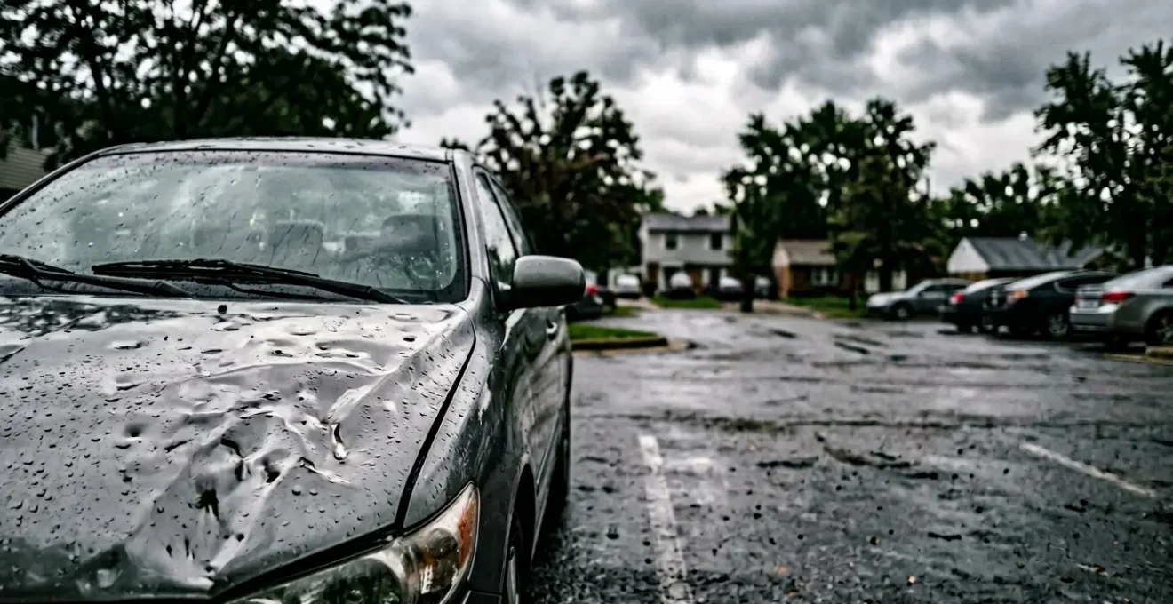 Carrosserie de voiture avec impacts de grêle et expert en assurance automobile procédant à l'évaluation des dégâts