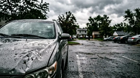 Carrosserie de voiture avec impacts de grêle et expert en assurance automobile procédant à l'évaluation des dégâts