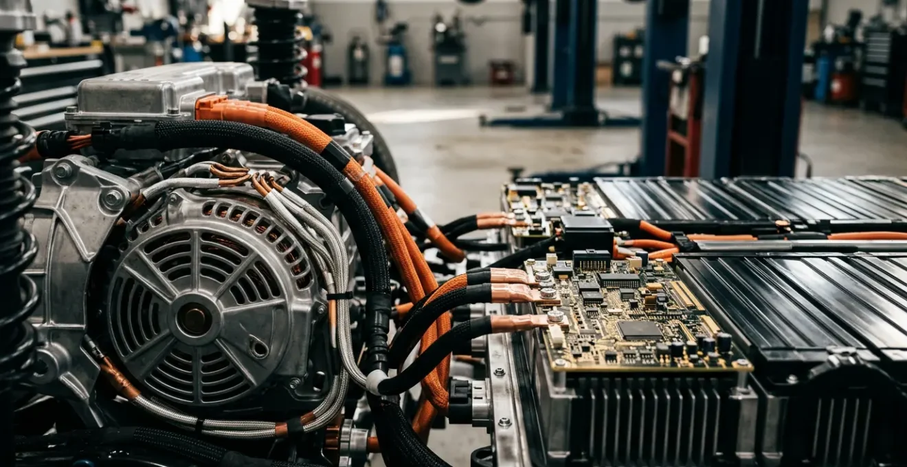 Gros plan sur le moteur hybride d'une voiture moderne avec batterie électrique et composants électroniques