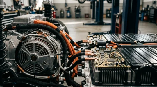 Gros plan sur le moteur hybride d'une voiture moderne avec batterie électrique et composants électroniques