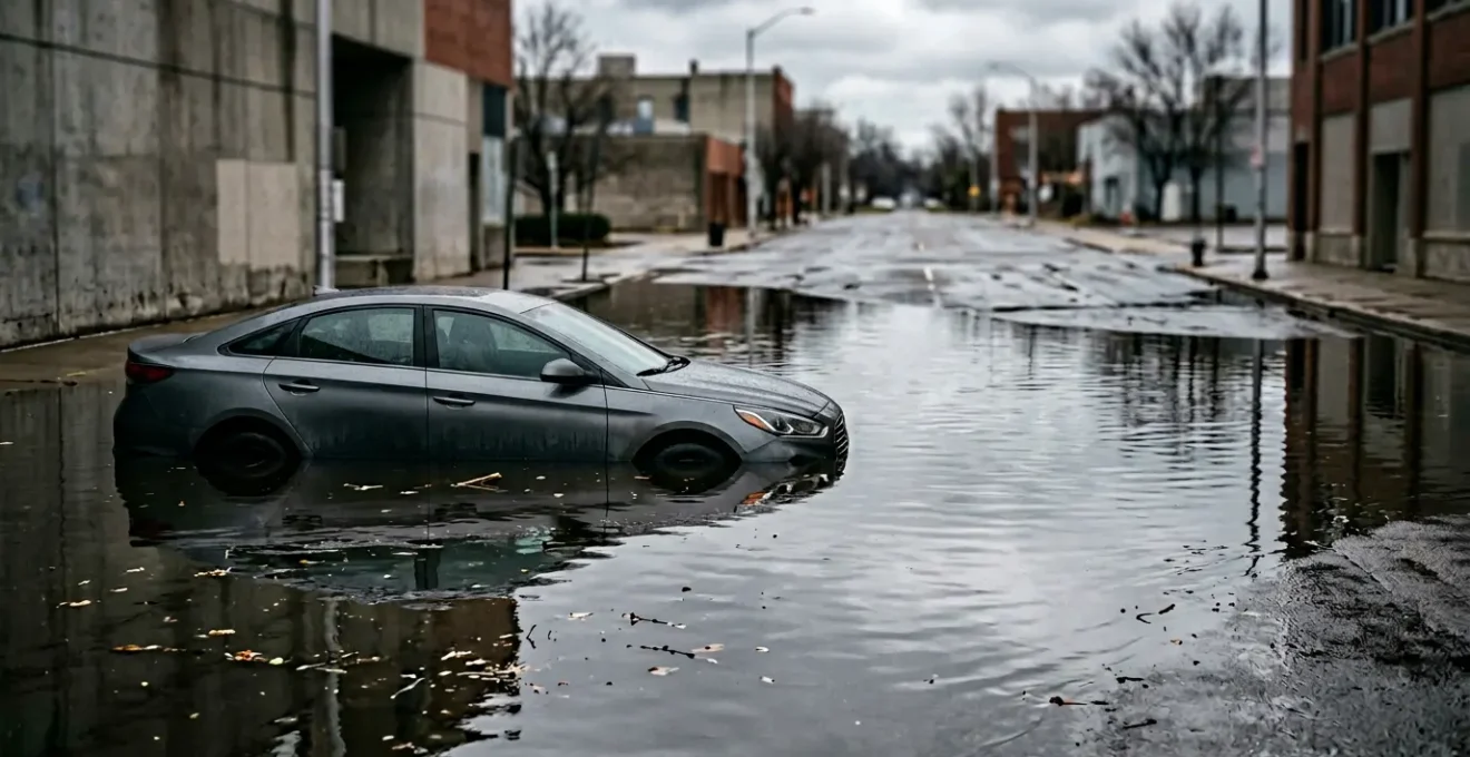 Véhicule partiellement submergé après une inondation, illustrant les dégâts causés par une catastrophe climatique