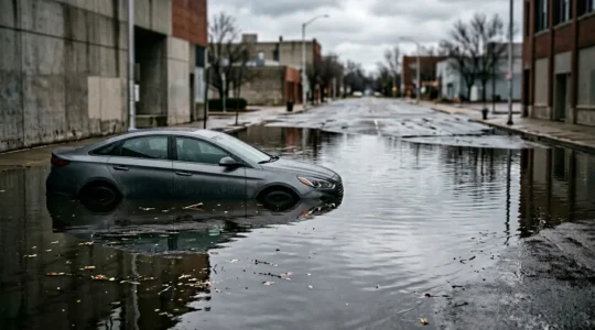 Véhicule partiellement submergé après une inondation, illustrant les dégâts causés par une catastrophe climatique