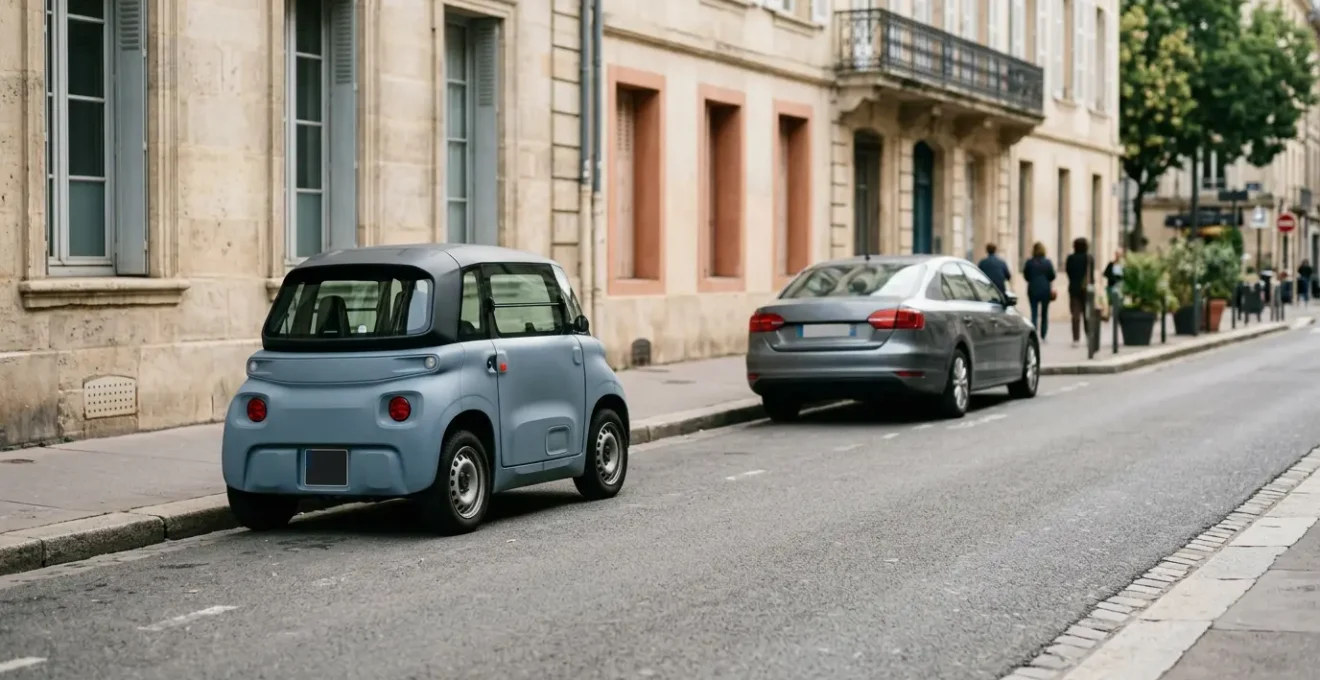 Voiture sans permis stationnee dans environnement urbain montrant contraste de taille avec berline