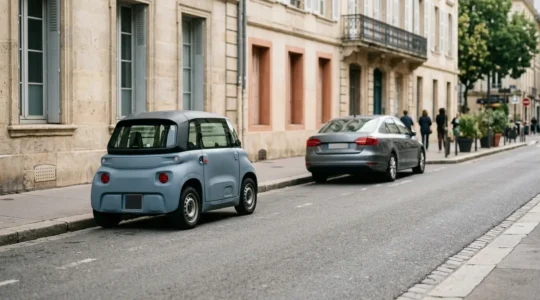 Voiture sans permis stationnee dans environnement urbain montrant contraste de taille avec berline