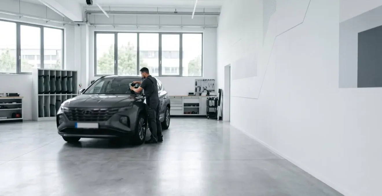 Atelier automobile moderne avec équipement de calibration de caméra ADAS en arrière-plan flou