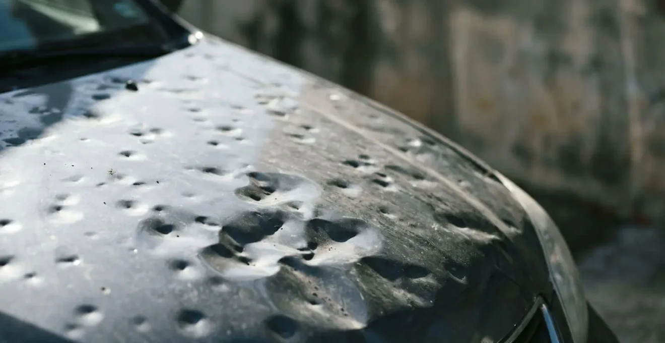 Détail de la carrosserie d'un véhicule présentant de multiples impacts de grêle non réparés sur le capot
